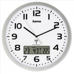 HAMA nástěnné hodiny Extra/ průměr 30 cm/ řízené rádiovým signálem/ s datem a teplotou/ 2x AA baterie/ bílo-stříbrné