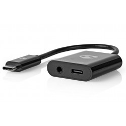 NEDIS USB-C adaptér/ USB-C zástrčka – 3,5 mm jack zásuvka + USB-C zásuvka/ černý/ 15cm
